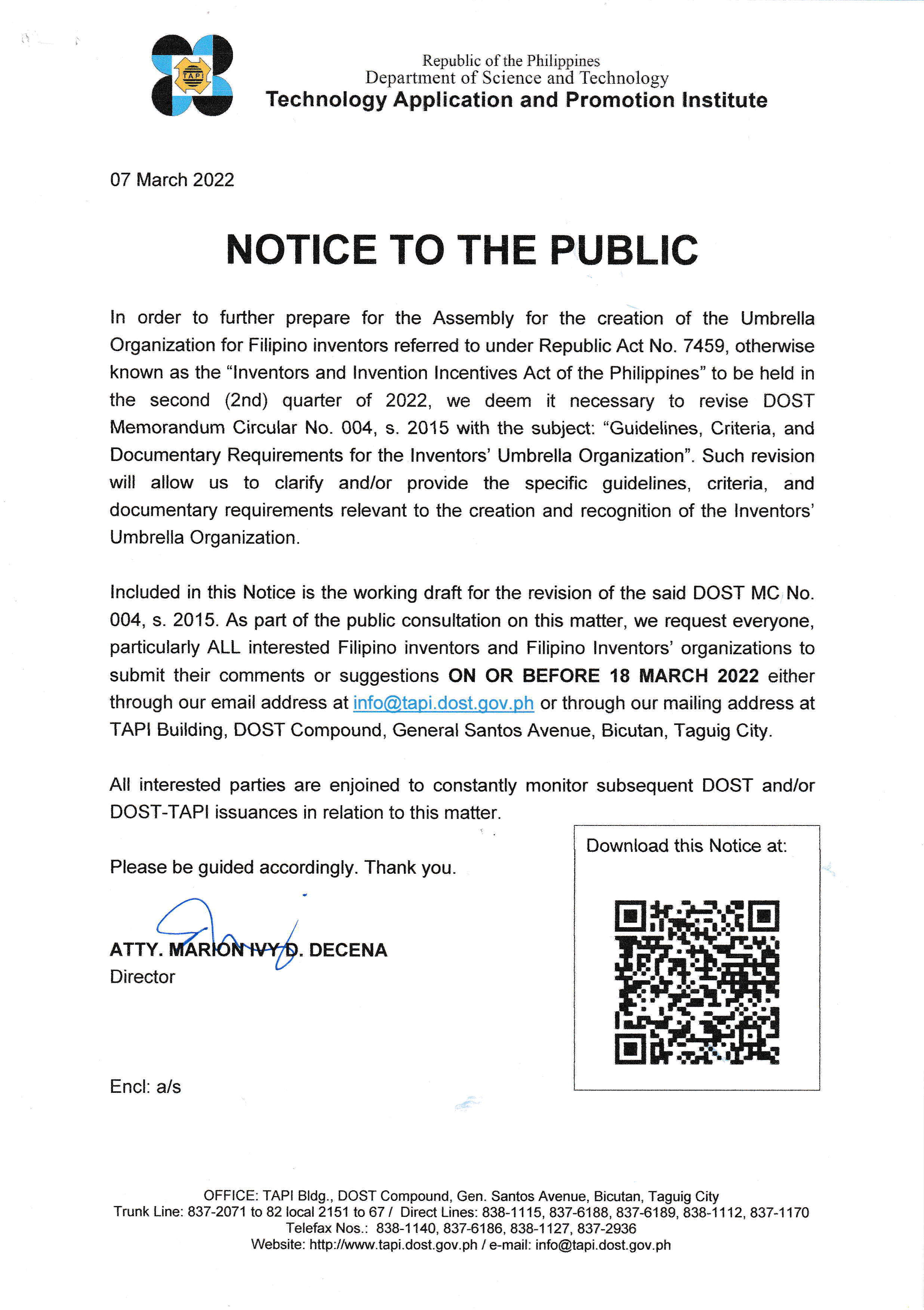 Notice to the Public dated 07 March 2022